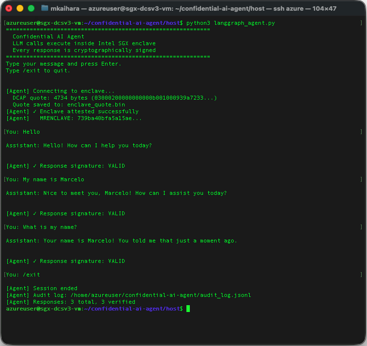 Session demo — host-side output of the confidential AI agent